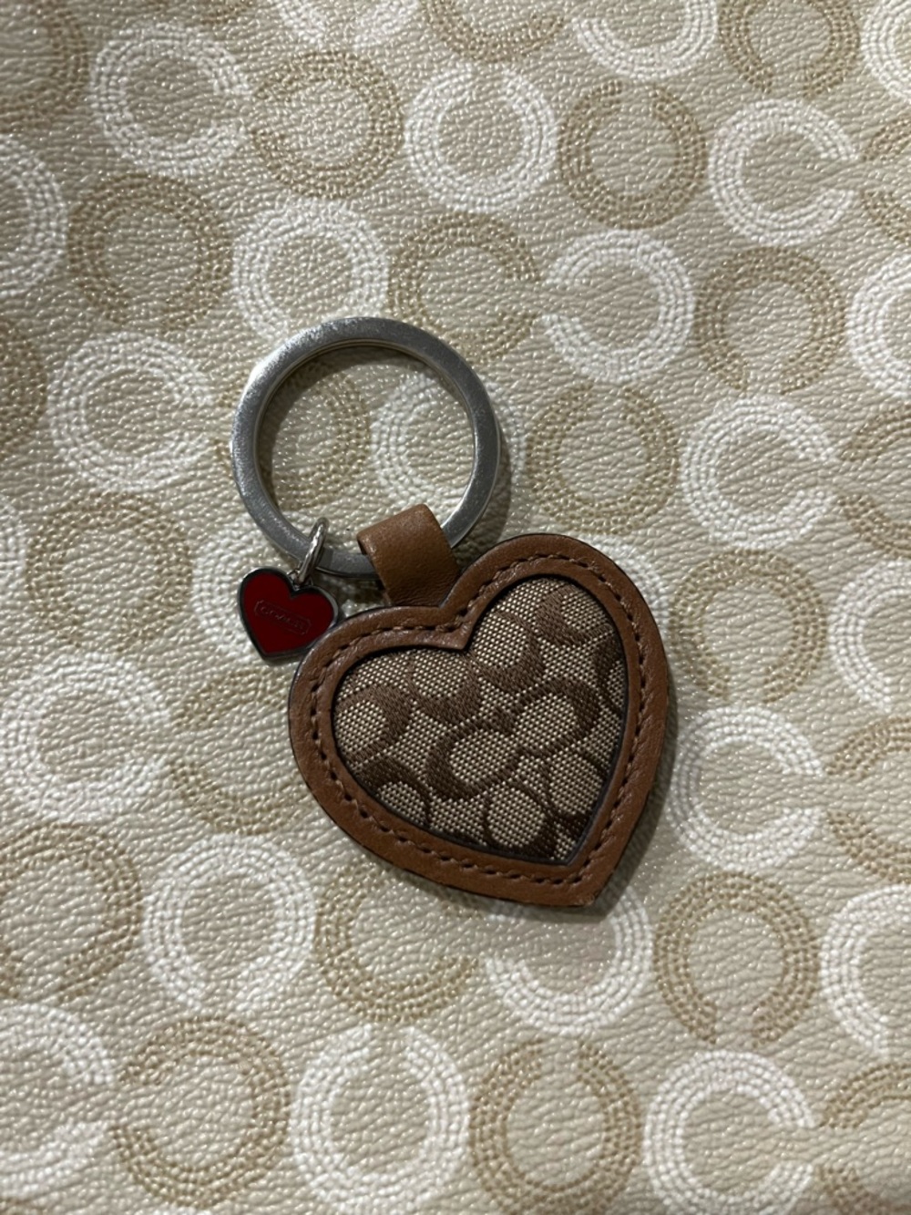 Coach Brown Heart Keychain Card Holder with Red Heart Charm